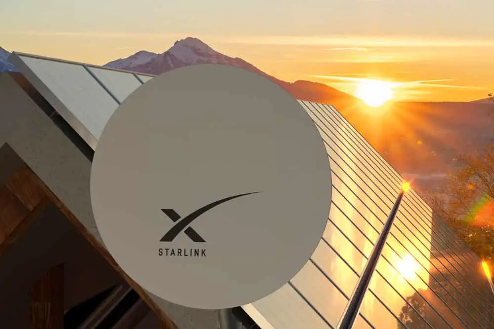 A Starlink round dish on the roof with solar panels