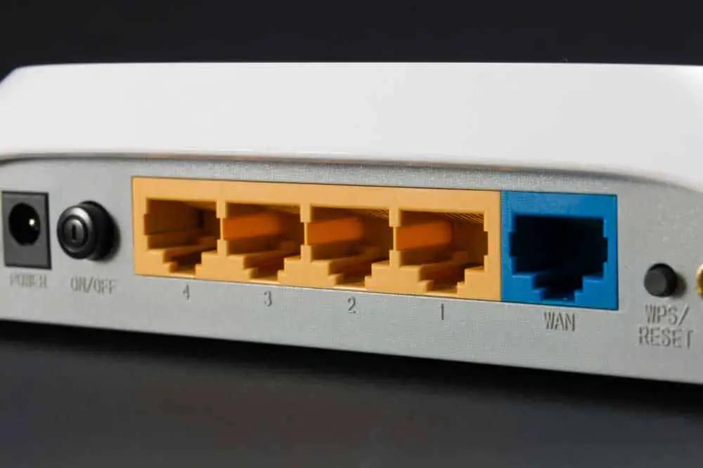 Ethernet ports on the back of a router. 