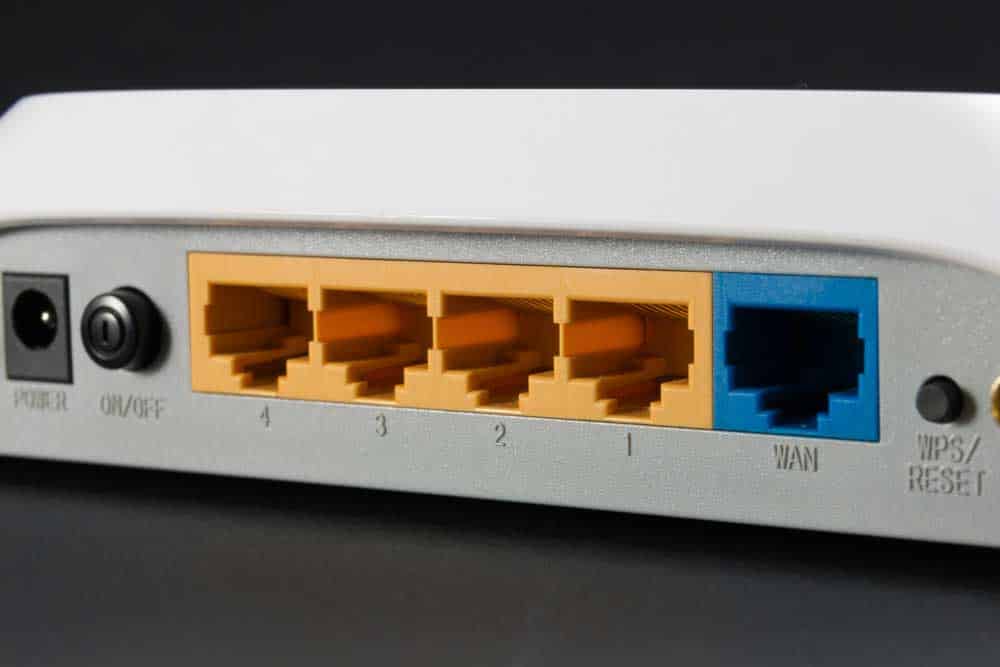 Ethernet ports on the back of a router.