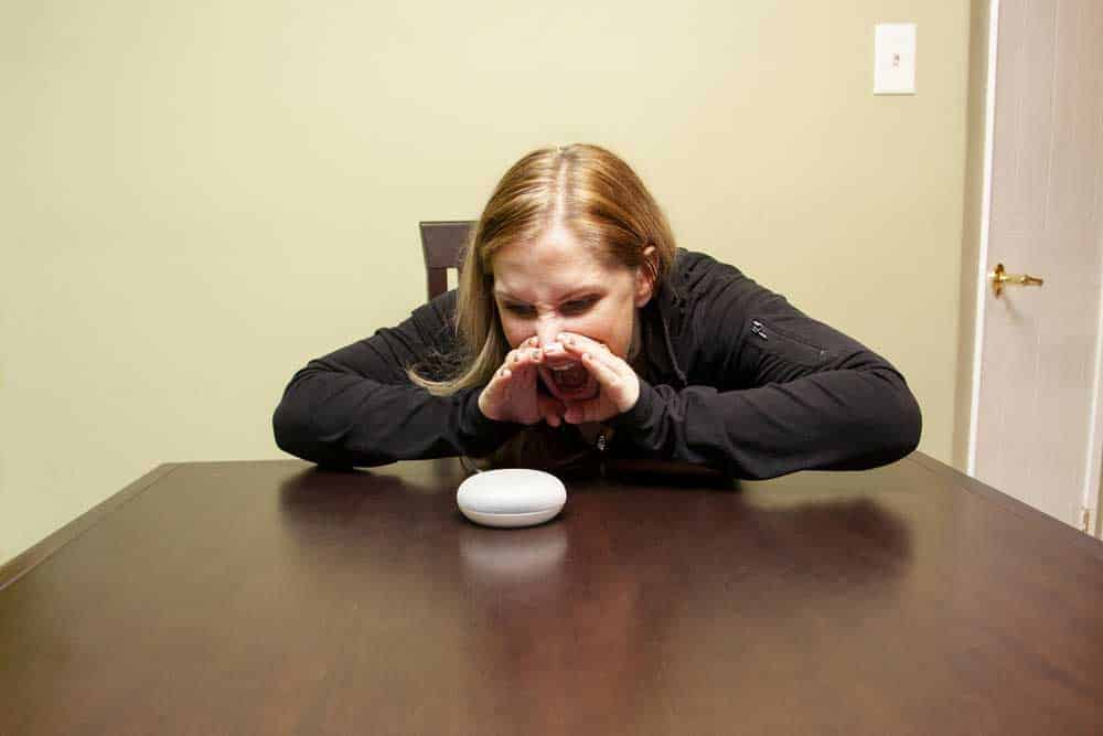 An Aggrieved Woman is communicating with Google Home Mini.